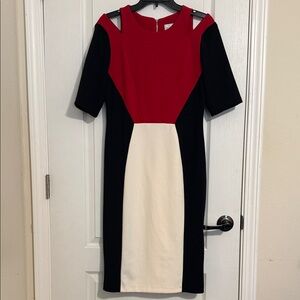 Colorblock Red, Black & Cream Midi Sheath Dress - Classic Workwear